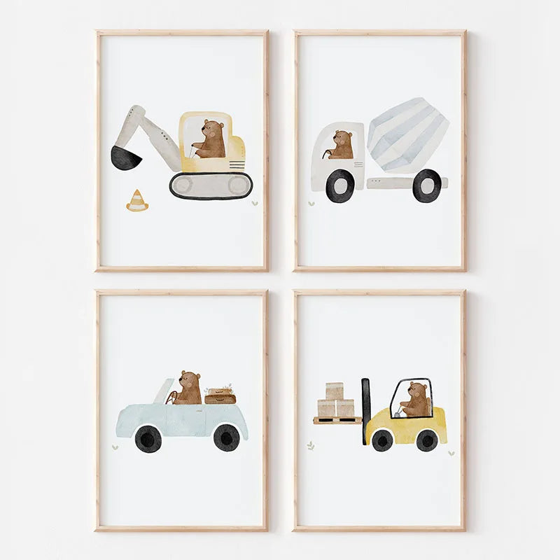 Nursery Wall Art Children's Prints Cartoon Bear Forklift Excavator Car Mud Truck Poster For Kids Room Baby Decor Canvas Painting