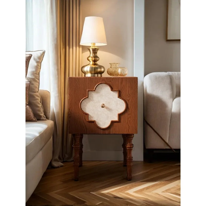 High-end Luxury Antique Bedside Table Ash Wood Artistic Four-leaf Clover Sofa Side Cabinet Bedroom Bedside Cabinet