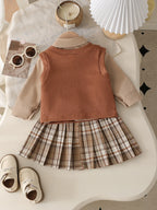 6 9 12 18 24 36 Months Baby Girls Clothing Sets Cute Style Knit Vest + Shirt + Plaid Pleated Skirt 3pcs Baby Suits Kids Clothes