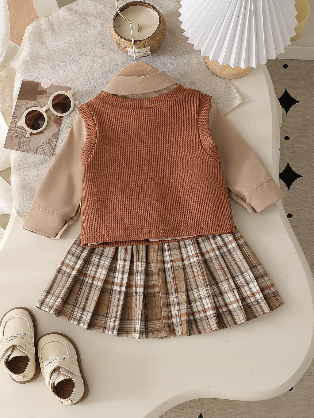 6 9 12 18 24 36 Months Baby Girls Clothing Sets Cute Style Knit Vest + Shirt + Plaid Pleated Skirt 3pcs Baby Suits Kids Clothes