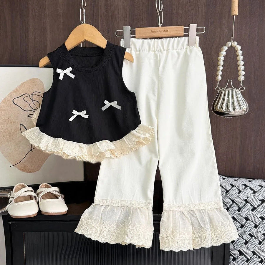 Baby Summer Clothes 2025 Children's Clothing Set Bow Black Sleeveless Vest Top+Pants Two-Piece Outfit Suits Casual Girls Clothes