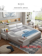 King Size Upholstered Family Bed with Integrated Baby Crib, Drawers, Modern Multifunctional Genuine Leather Platform Bed Frame