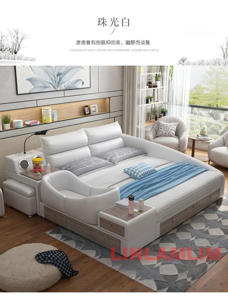 King Size Upholstered Family Bed with Integrated Baby Crib, Drawers, Modern Multifunctional Genuine Leather Platform Bed Frame