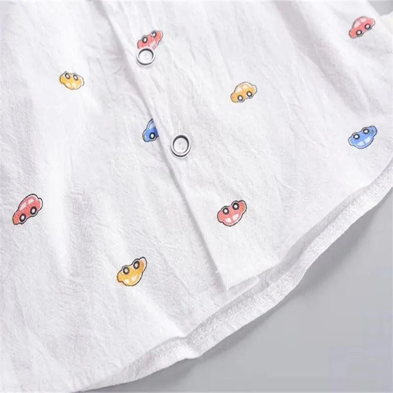 Infant Boys Daily Two Piece Clothes Set Adorable Car Print Long Sleeve Collared Shirt Elastic Waist Blue Denim Pants Suit