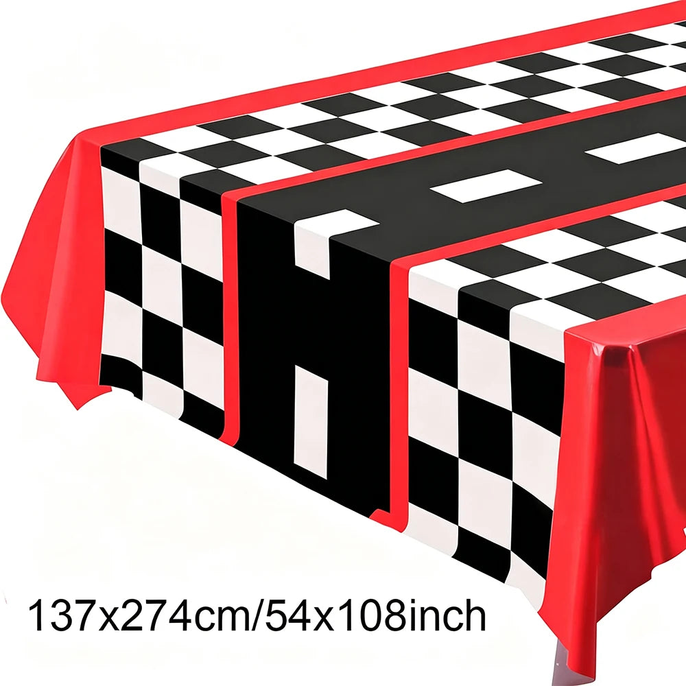 Racing Car Theme Disposable Tablecloth Red Black White Checkered Pattern Boys Kids Birthday Party Decoration Supplies Gifts ﻿