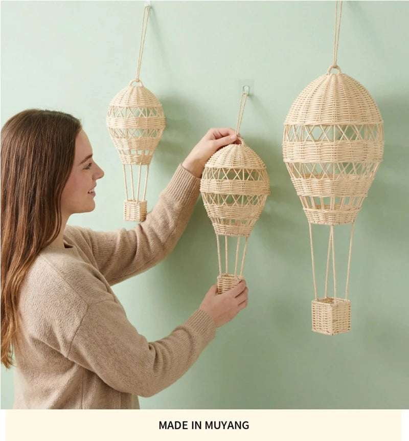 Rattan Hot Air Balloon Wall Decor Hand Woven Photo Props Kids Room Kindergarten Nursery Hanging Wall Decor Ornament