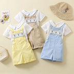 Ins Handmade Baby Boys' Clothes New British Wind Cotton Short-sleeved Shirt Embroidered Bear Clothes Baby Boys Boutique Suits