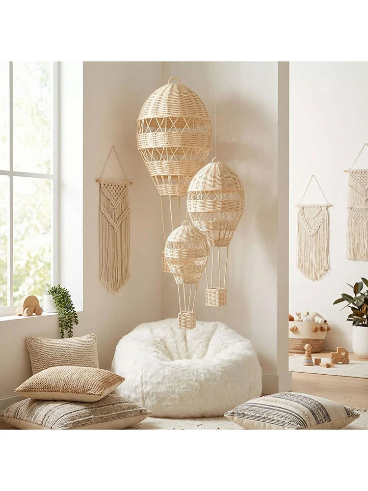 Rattan Hot Air Balloon Wall Decor Hand Woven Photo Props Kids Room Kindergarten Nursery Hanging Wall Decor Ornament