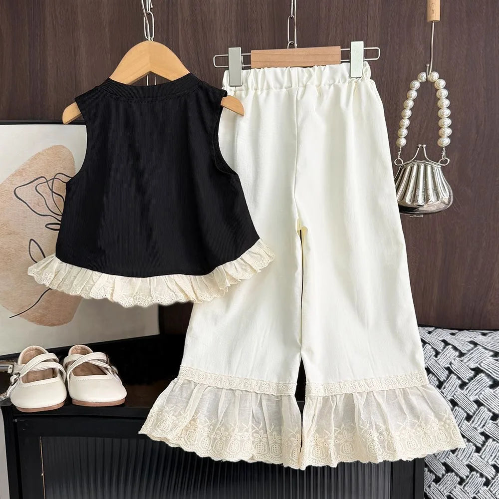 Baby Summer Clothes 2025 Children's Clothing Set Bow Black Sleeveless Vest Top+Pants Two-Piece Outfit Suits Casual Girls Clothes