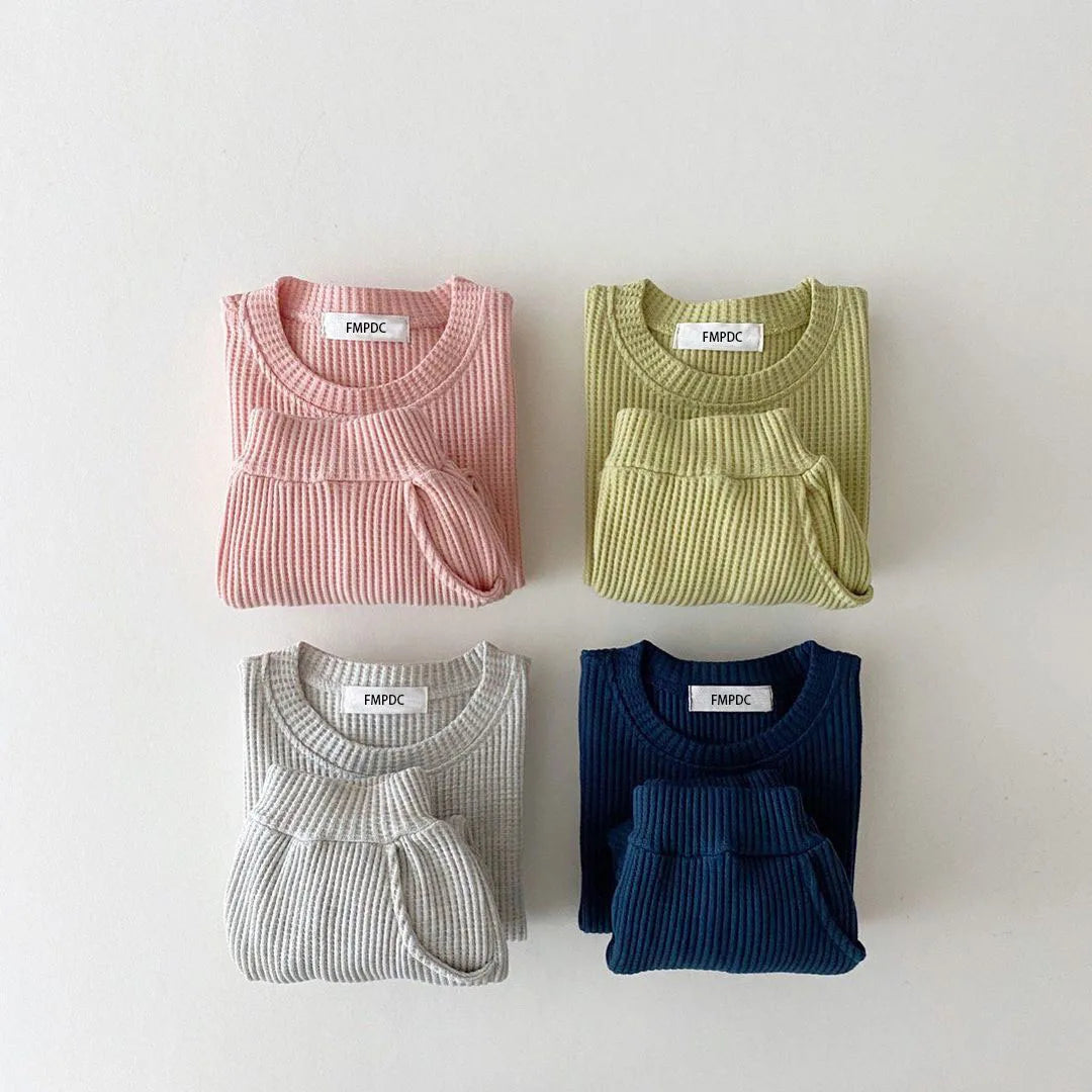 Baby Girls Clothes Autumn Cotton Kintting Clothing Sets Mock 2PCS Waffle Cotton Kids BoysSets Tracksuit Tops+Pants Korean