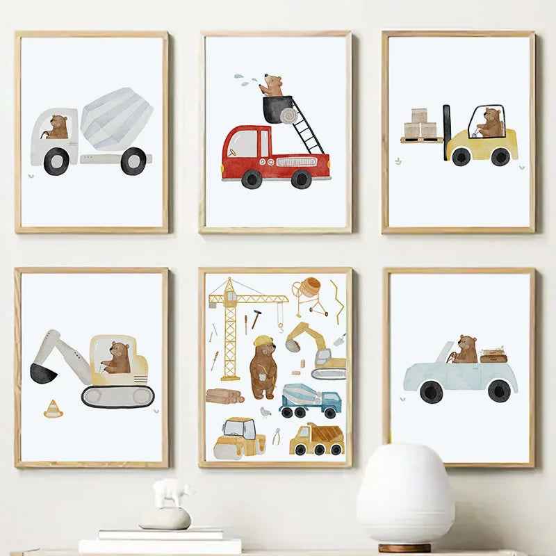 Nursery Wall Art Children's Prints Cartoon Bear Forklift Excavator Car Mud Truck Poster For Kids Room Baby Decor Canvas Painting