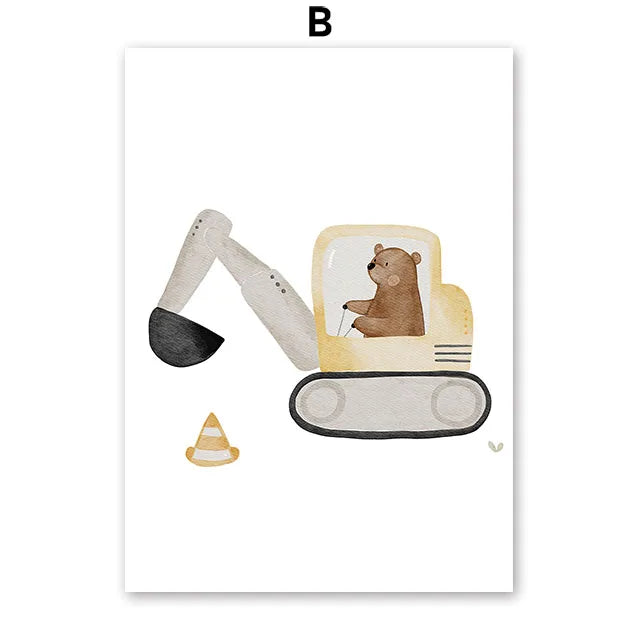 Nursery Wall Art Children's Prints Cartoon Bear Forklift Excavator Car Mud Truck Poster For Kids Room Baby Decor Canvas Painting