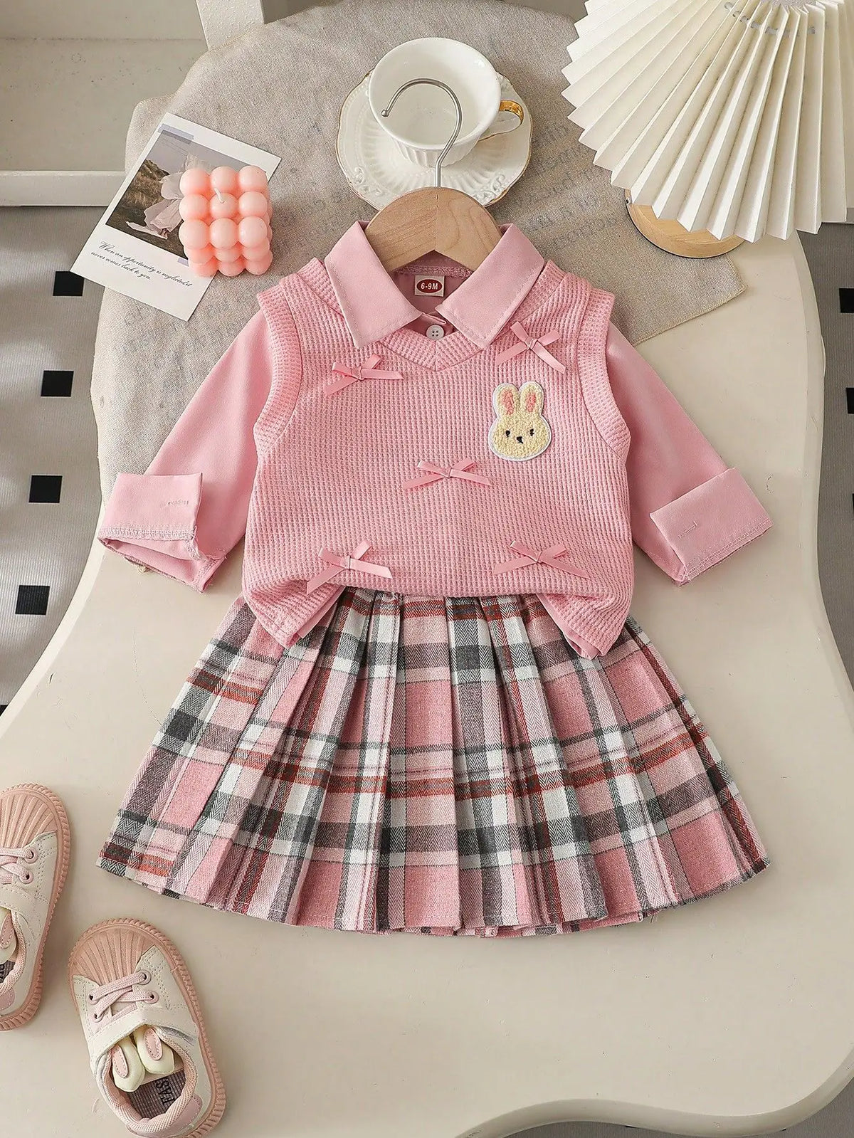 6 9 12 18 24 36 Months Baby Girls Clothing Sets Cute Style Knit Vest + Shirt + Plaid Pleated Skirt 3pcs Baby Suits Kids Clothes