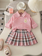6 9 12 18 24 36 Months Baby Girls Clothing Sets Cute Style Knit Vest + Shirt + Plaid Pleated Skirt 3pcs Baby Suits Kids Clothes
