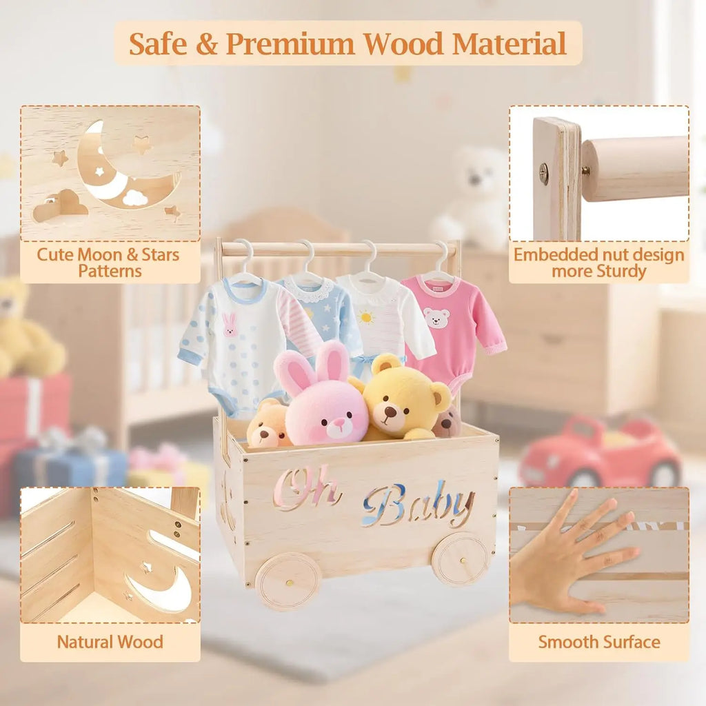Wooden Baby Shower Crate Closet with Wheels Creative DIY Baby Shower Present Basket with 6 Hangers for Clothes Toys New Mum Gift