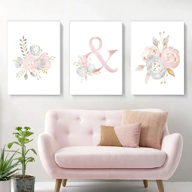 Baby Decoration Bedroom Child Posters Girl's Room Prints Nursery Pink Flower Wall Art Canvas Painting Pictures kids Room Decor