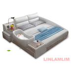 King Size Upholstered Family Bed with Integrated Baby Crib, Drawers, Modern Multifunctional Genuine Leather Platform Bed Frame