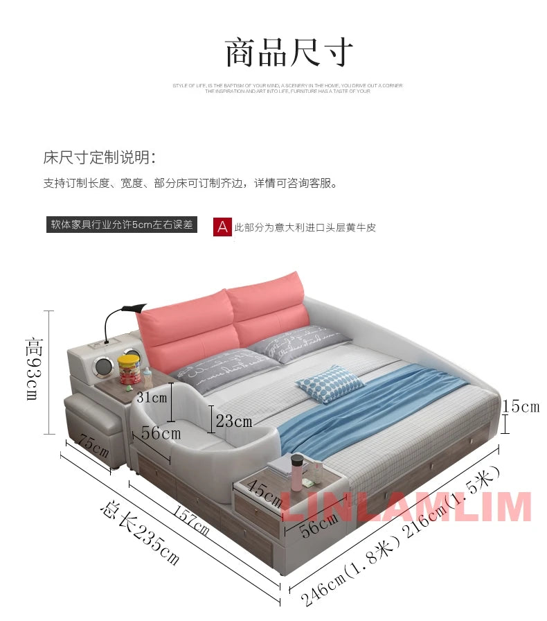 King Size Upholstered Family Bed with Integrated Baby Crib, Drawers, Modern Multifunctional Genuine Leather Platform Bed Frame