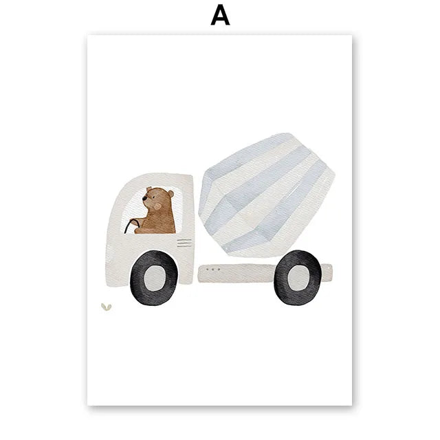 Nursery Wall Art Children's Prints Cartoon Bear Forklift Excavator Car Mud Truck Poster For Kids Room Baby Decor Canvas Painting