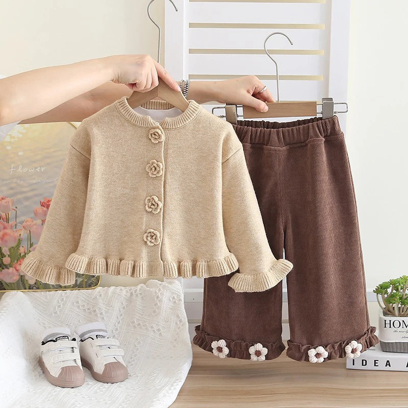 Baby Girls Clothing Sets Spring Autumn Children Casual Clothes Outfits Infant Floral Knitted Coat T Shirt Pants 3 Pieces Suits