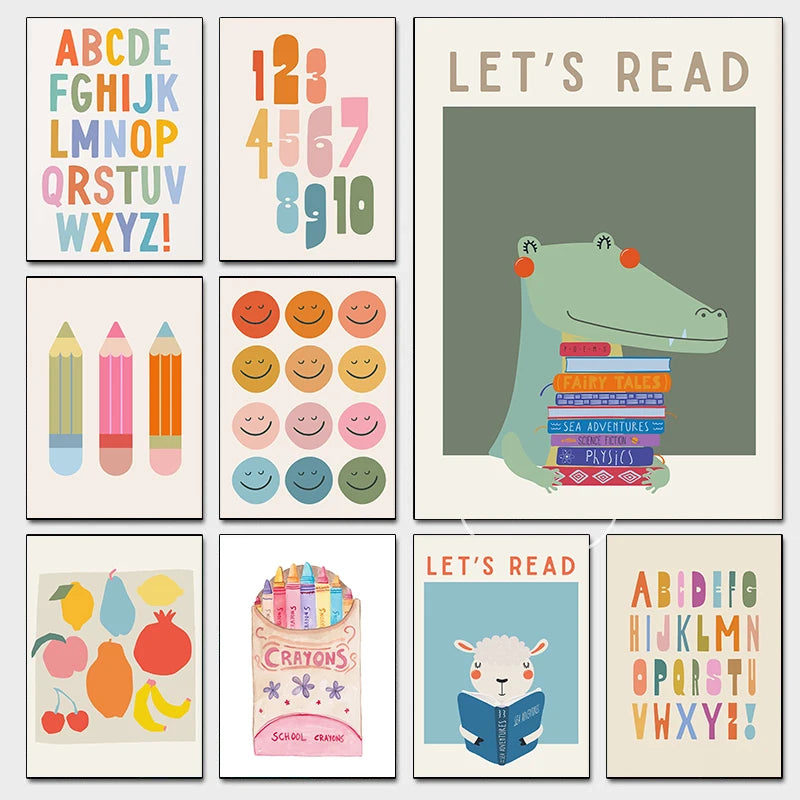 Kids Reading Colorful Posters Cute Toddler Classroom Modern Nursery Prints Canvas Painting Wall Pictures Home kid's Room Decor