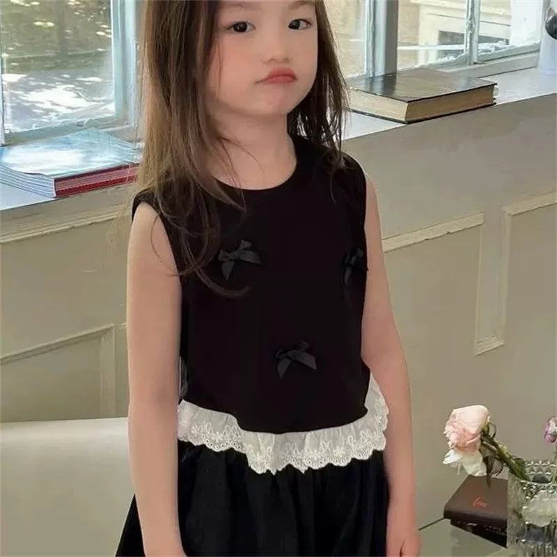 Baby Summer Clothes 2025 Children's Clothing Set Bow Black Sleeveless Vest Top+Pants Two-Piece Outfit Suits Casual Girls Clothes