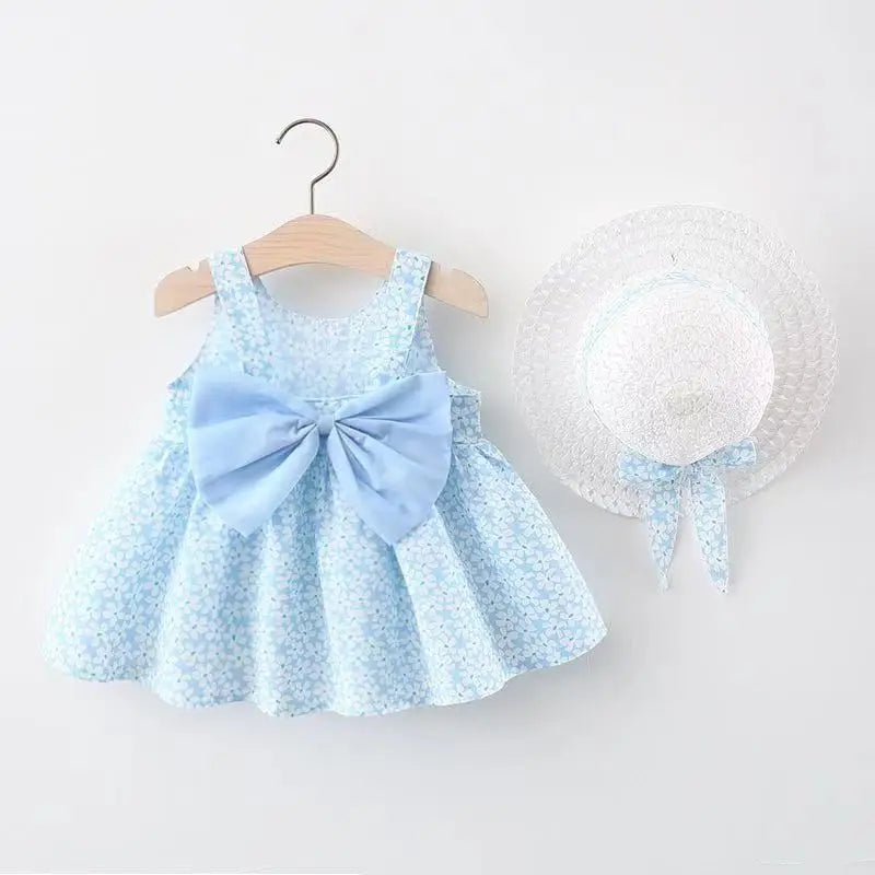 0-3-Year-Old Baby Clothes Summer Seaside Vacation Children's Dress Floral Sleeveless Bow Girl Princess Dress+Hat