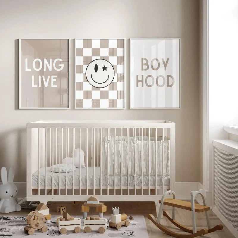 Neutral Nursery Wall Art Checkered Toddler Poster for Baby Boys Room Decor with Surfer Shaka Sign Lightning Bolt Kids Design