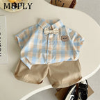 Summer baby boys clothes outfits sets bow tie check shirt shorts suits for infant boys clothing 1 year birthday gentleman sets