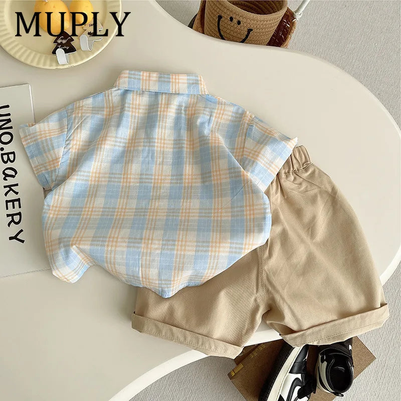 Summer baby boys clothes outfits sets bow tie check shirt shorts suits for infant boys clothing 1 year birthday gentleman sets