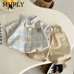 Summer baby boys clothes outfits sets bow tie check shirt shorts suits for infant boys clothing 1 year birthday gentleman sets