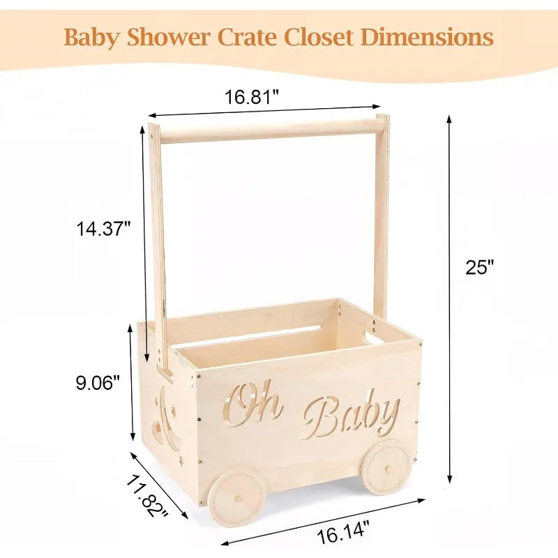 Wooden Baby Shower Crate Closet with Wheels Creative DIY Baby Shower Present Basket with 6 Hangers for Clothes Toys New Mum Gift