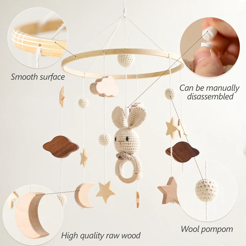 Wooden Rattles Toys Baby Crib Mobile Bed Bell Soft Felt Hot Balloon Newborn Music Bed Bell Hanging Toys Crib Bracket Baby Gifts