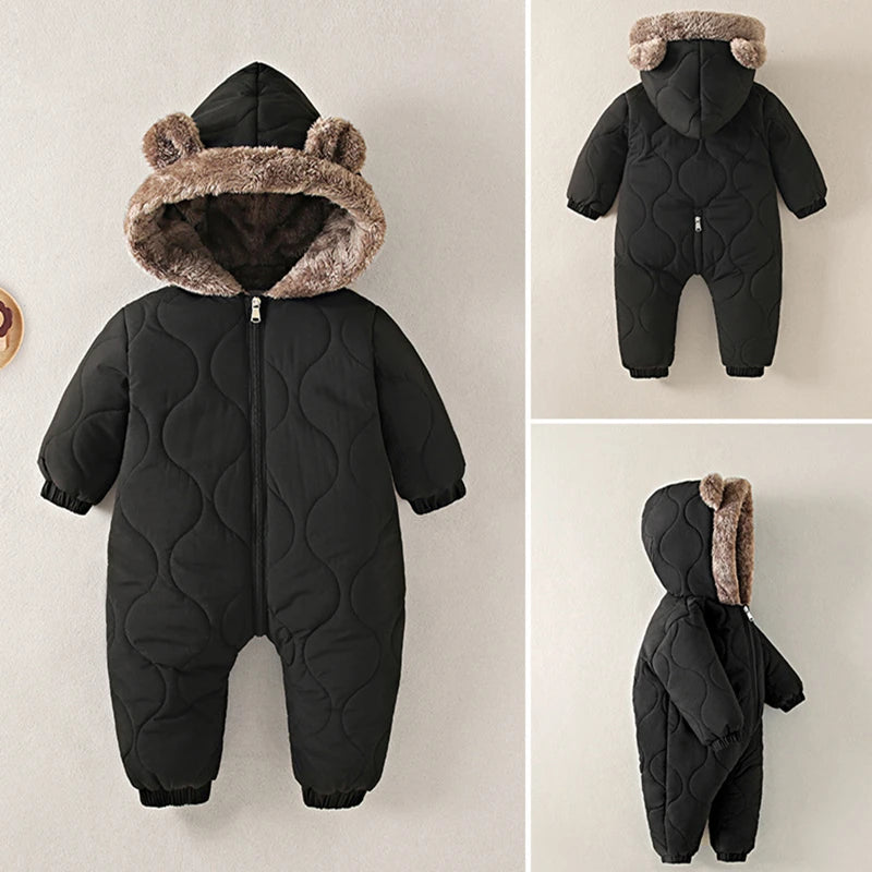 Boys New Born baby Clothes Autumn Winter Fleece-Lined Hooded Romper Pants Perfect for Outdoor Toddler Girl Little Girls Clothing