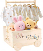 Wooden Baby Shower Crate Closet with Wheels Creative DIY Baby Shower Present Basket with 6 Hangers for Clothes Toys New Mum Gift