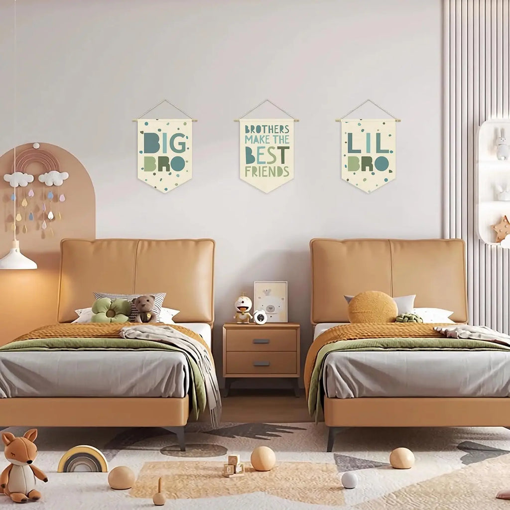 Nursery Decor Canvas Banner,Boy Bedroom Playroom Wall Art Decorations,Boho Twin Room Sign, Big Bro Lil Bro, Sage Green Blue Kids