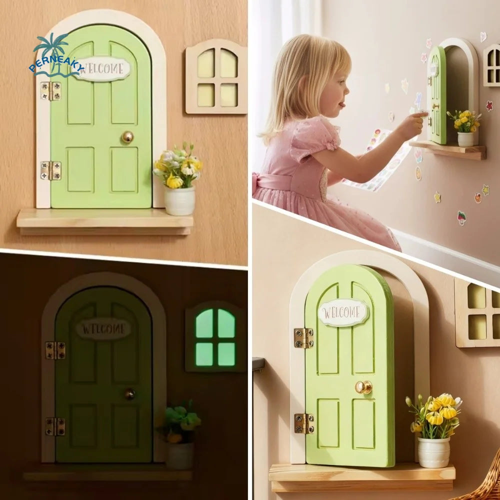 Novelty Glows in The Dark Window Dollhouse Home Decorations Mini Creative Fairy Elf Door Funny Wooden Mouse Hole Nursery Decor