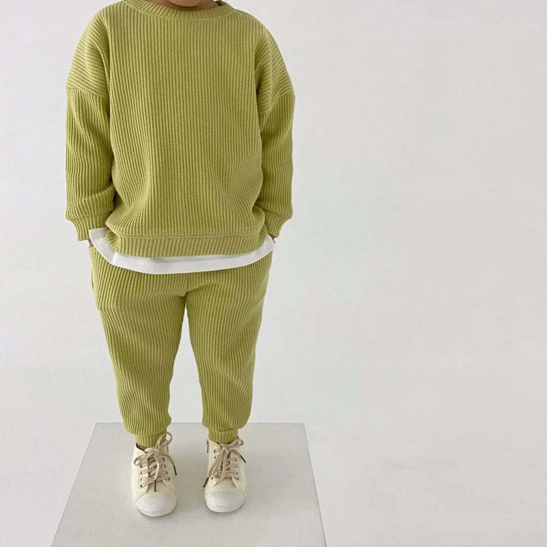 Baby Girls Clothes Autumn Cotton Kintting Clothing Sets Mock 2PCS Waffle Cotton Kids BoysSets Tracksuit Tops+Pants Korean