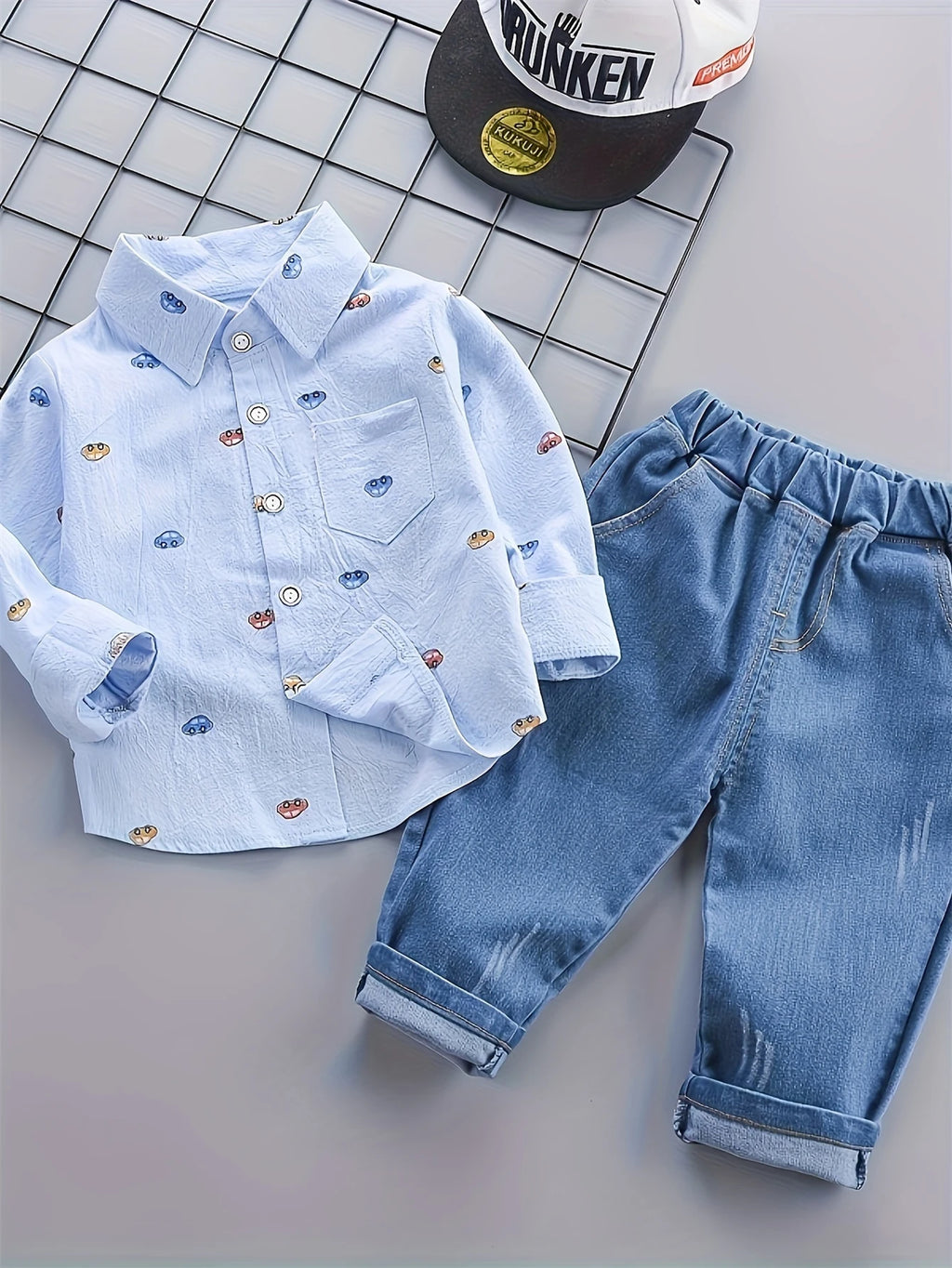 Infant Boys Daily Two Piece Clothes Set Adorable Car Print Long Sleeve Collared Shirt Elastic Waist Blue Denim Pants Suit