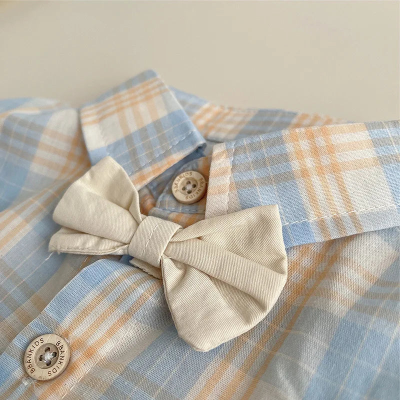Summer baby boys clothes outfits sets bow tie check shirt shorts suits for infant boys clothing 1 year birthday gentleman sets