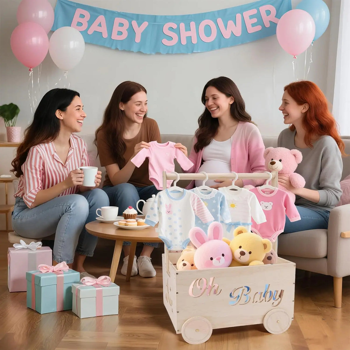 Wooden Baby Shower Crate Closet with Wheels Creative DIY Baby Shower Present Basket with 6 Hangers for Clothes Toys New Mum Gift