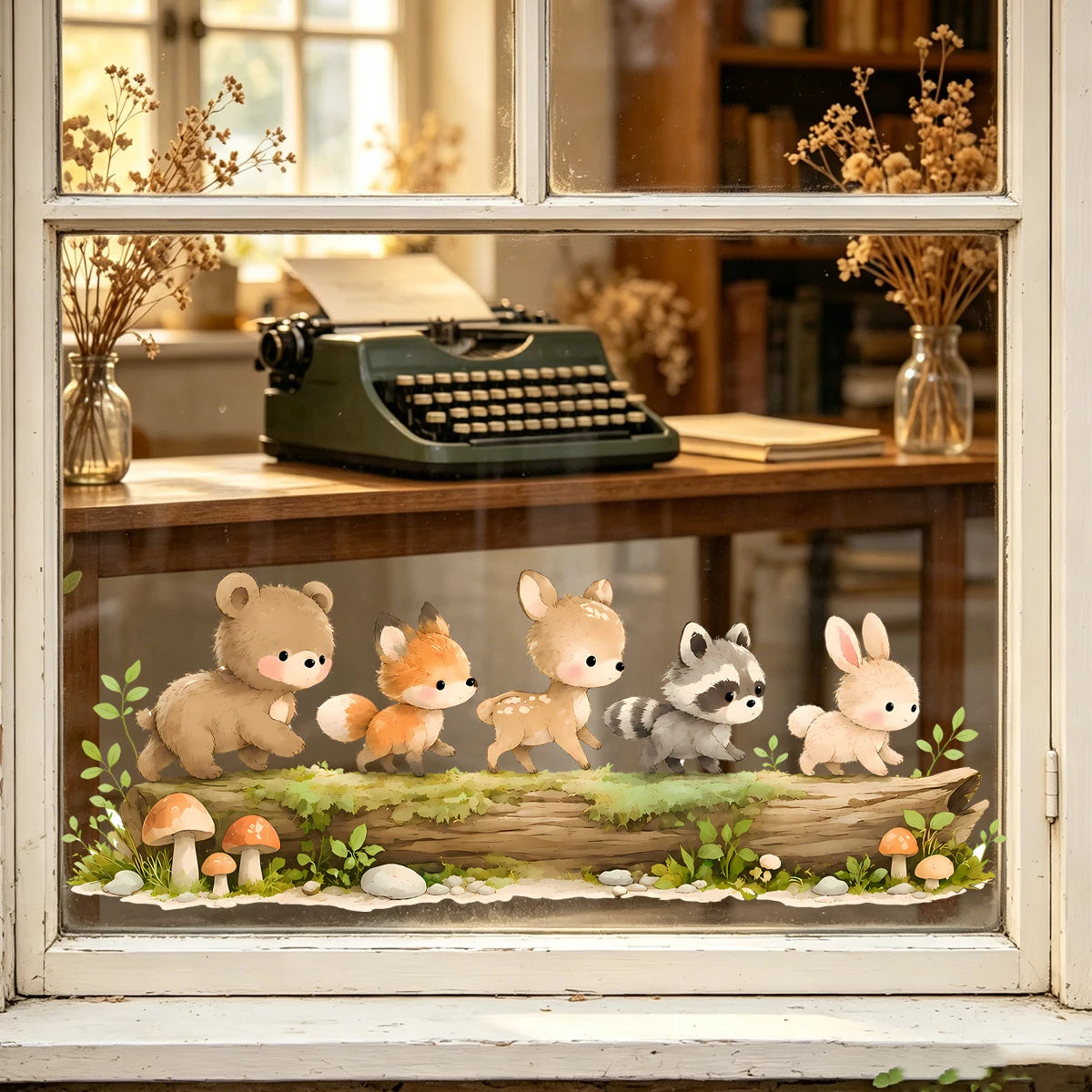 Nursery Forest Animals Window Sticker Removable Static Cling Glass Film for Baby Room Bedroom Playroom Cute Cartoon Home Decor