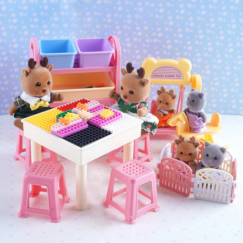 Miniature DIY Block Set Dollhouse Furniture Baby Crilb Rocking Horse Mini Building Blocks Storage Rack Play House Toy