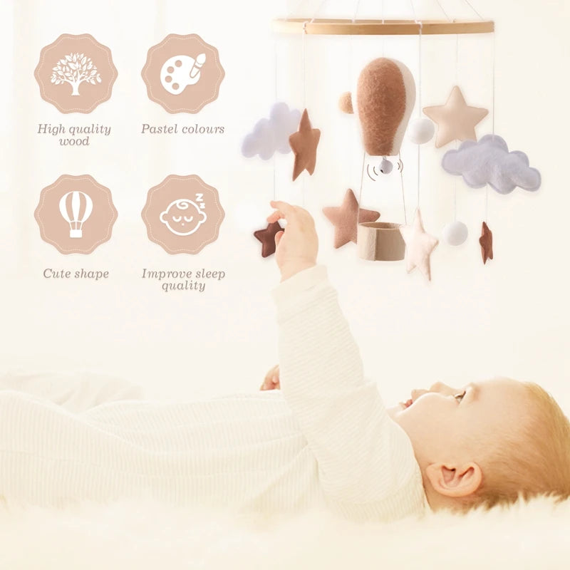 Wooden Rattles Toys Baby Crib Mobile Bed Bell Soft Felt Hot Balloon Newborn Music Bed Bell Hanging Toys Crib Bracket Baby Gifts