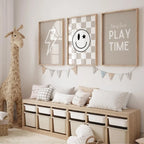 Neutral Nursery Wall Art Checkered Toddler Poster for Baby Boys Room Decor with Surfer Shaka Sign Lightning Bolt Kids Design