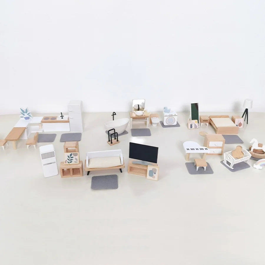 Nordic style villa, dollhouse, children's play, mini simulation furniture, bedroom, kitchen, wooden toys, boys and girls