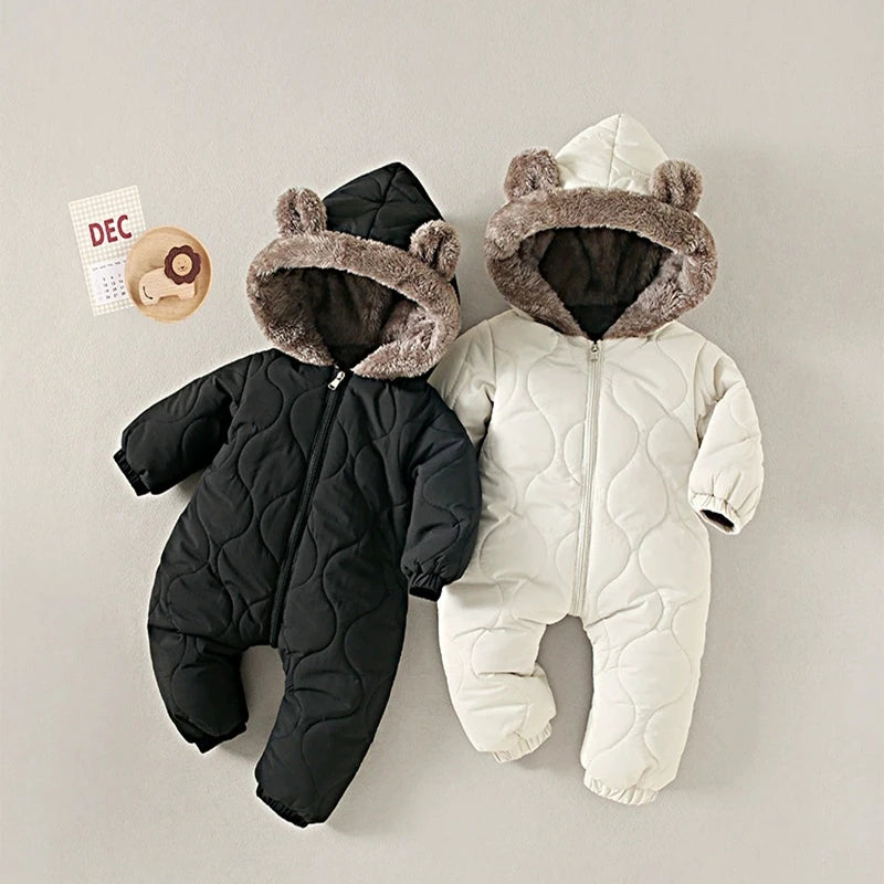 Boys New Born baby Clothes Autumn Winter Fleece-Lined Hooded Romper Pants Perfect for Outdoor Toddler Girl Little Girls Clothing