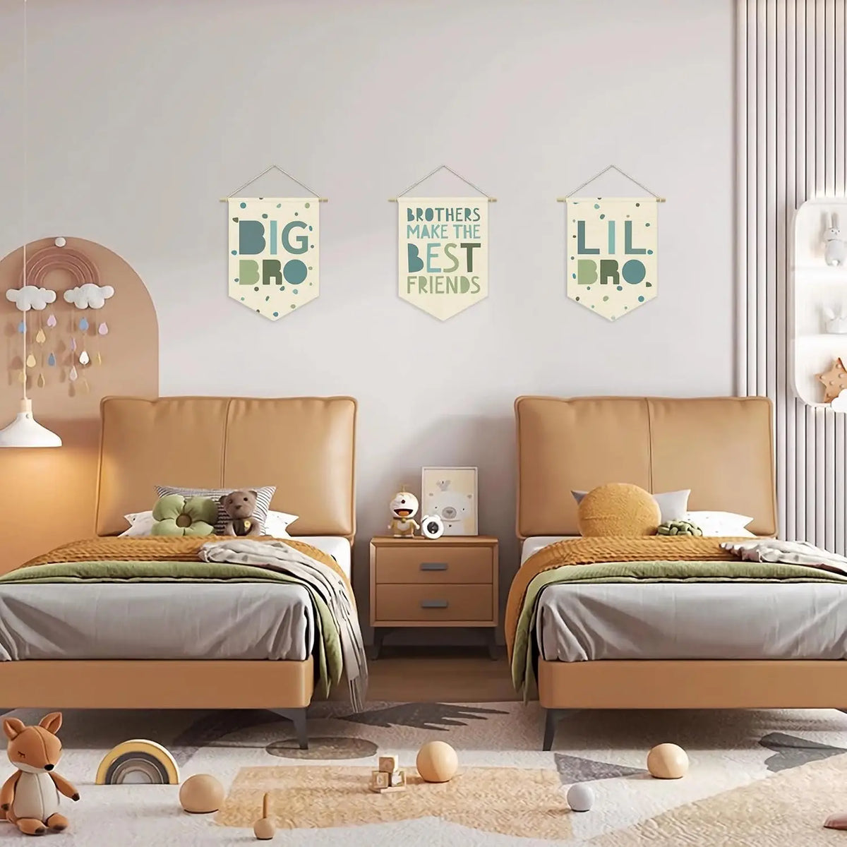 Nursery Decor Canvas Banner,Boy Bedroom Playroom Wall Art Decorations,Boho Twin Room Sign, Big Bro Lil Bro, Sage Green Blue Kids