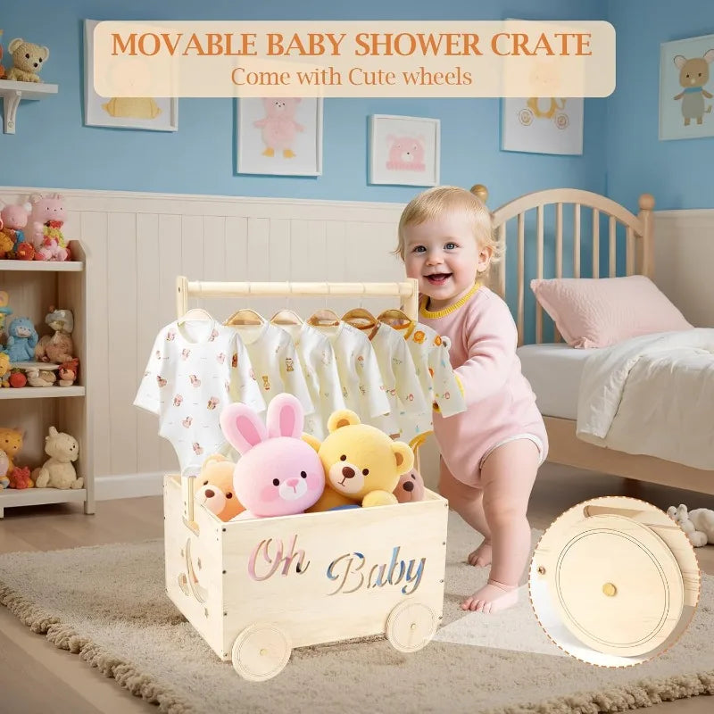 Wooden Baby Shower Crate Closet with Wheels Creative DIY Baby Shower Present Basket with 6 Hangers for Clothes Toys New Mum Gift