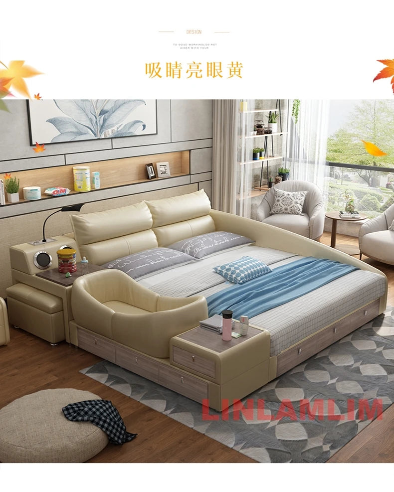 King Size Upholstered Family Bed with Integrated Baby Crib, Drawers, Modern Multifunctional Genuine Leather Platform Bed Frame